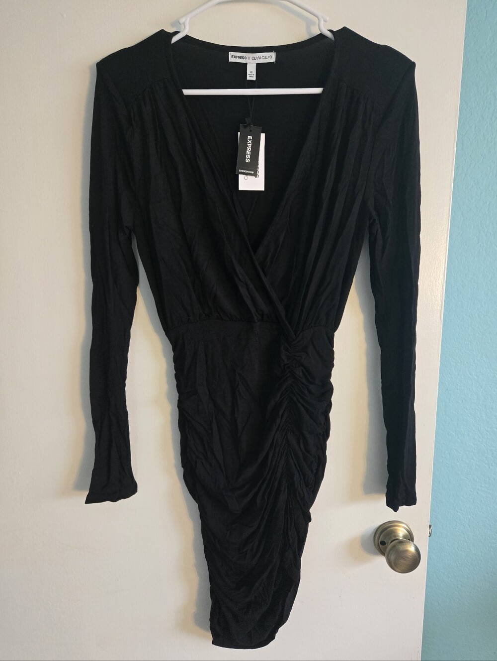 Express x Olivia Culpo Black Long-sleeve Ruched Mini Dress XS